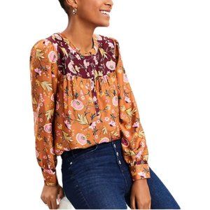 Loft Mixed Print Floral Henley Blouse Size Medium